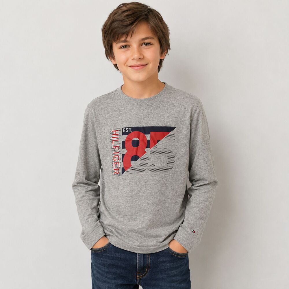 Tommy Hilfiger Boys Graphic Long Sleeve T-Shirt Casual Gray Size L